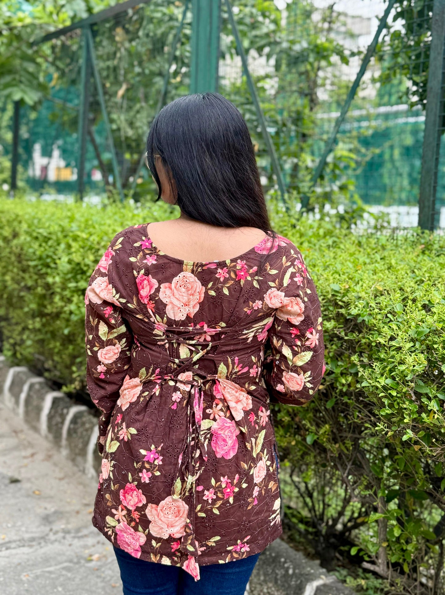 Brown Hakoba Floral Corset Back Straight Kurti