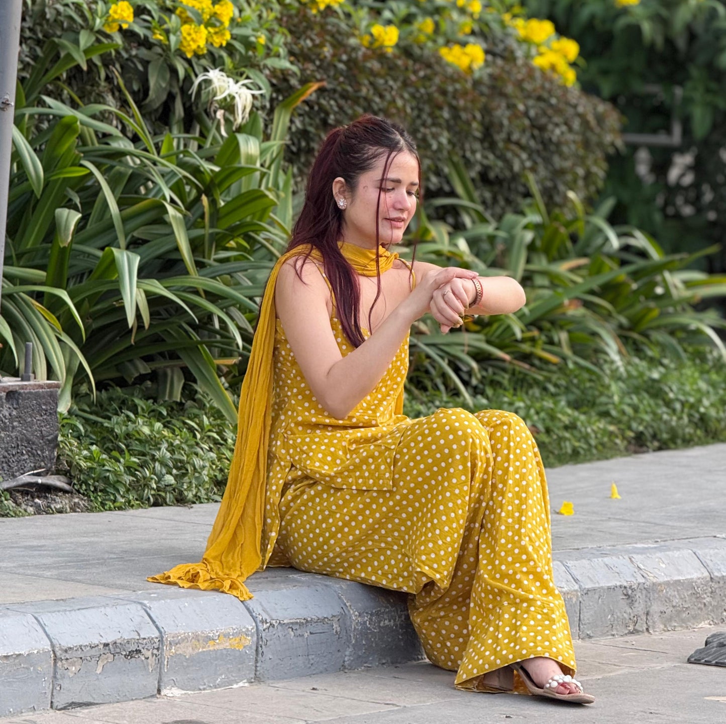 Mustard Polka Dot Backless Farshi Set🌻