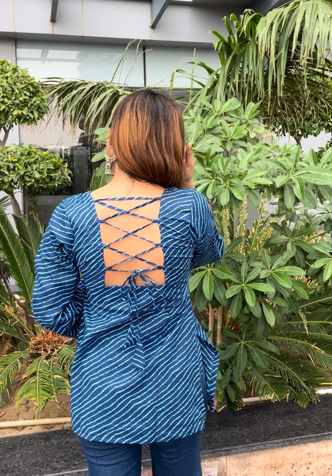 Blue Lehriya Backless Short Kurti