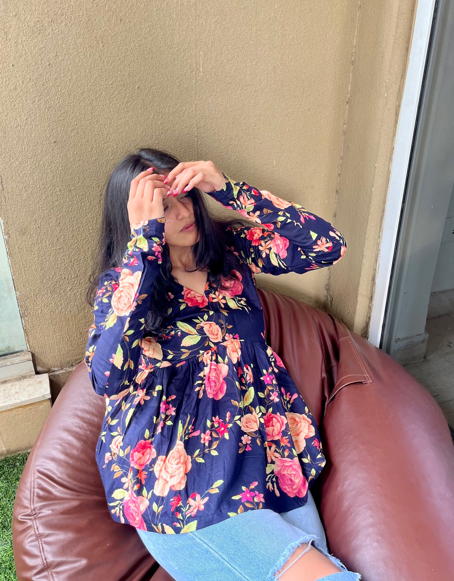 Blue Bouquet Peplum Short Kurti