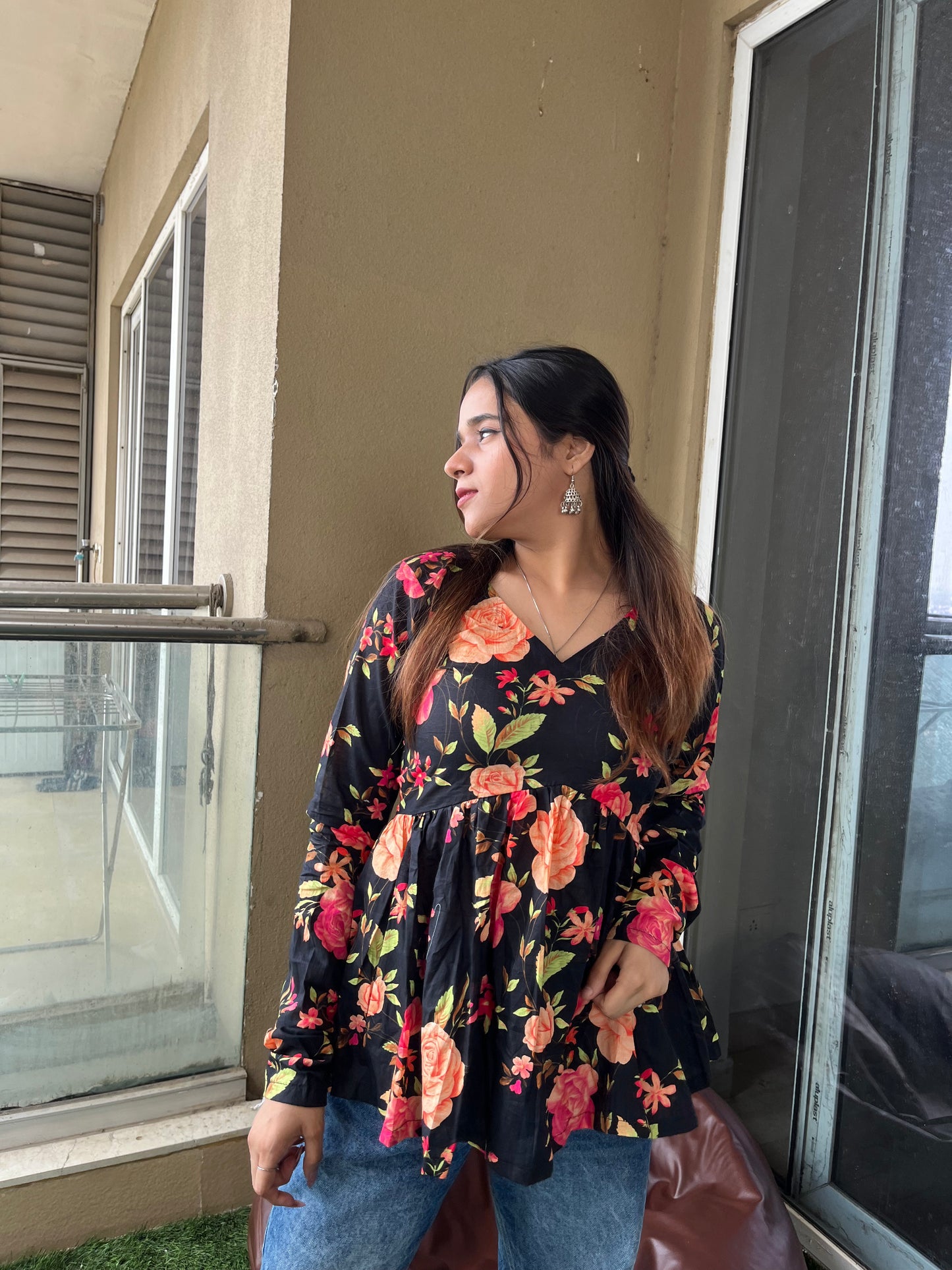 Black Bouquet Peplum Short Kurti