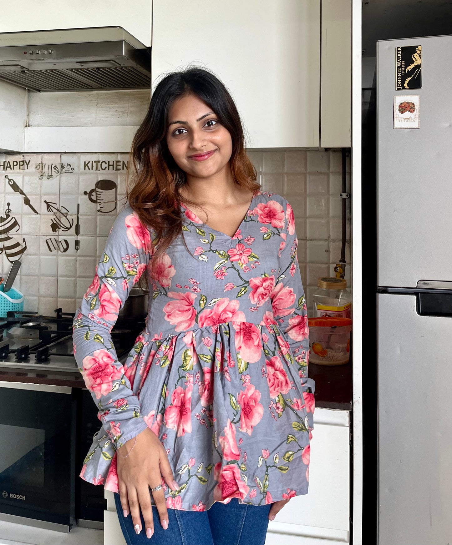 Grey Floral Peplum Short Kurti
