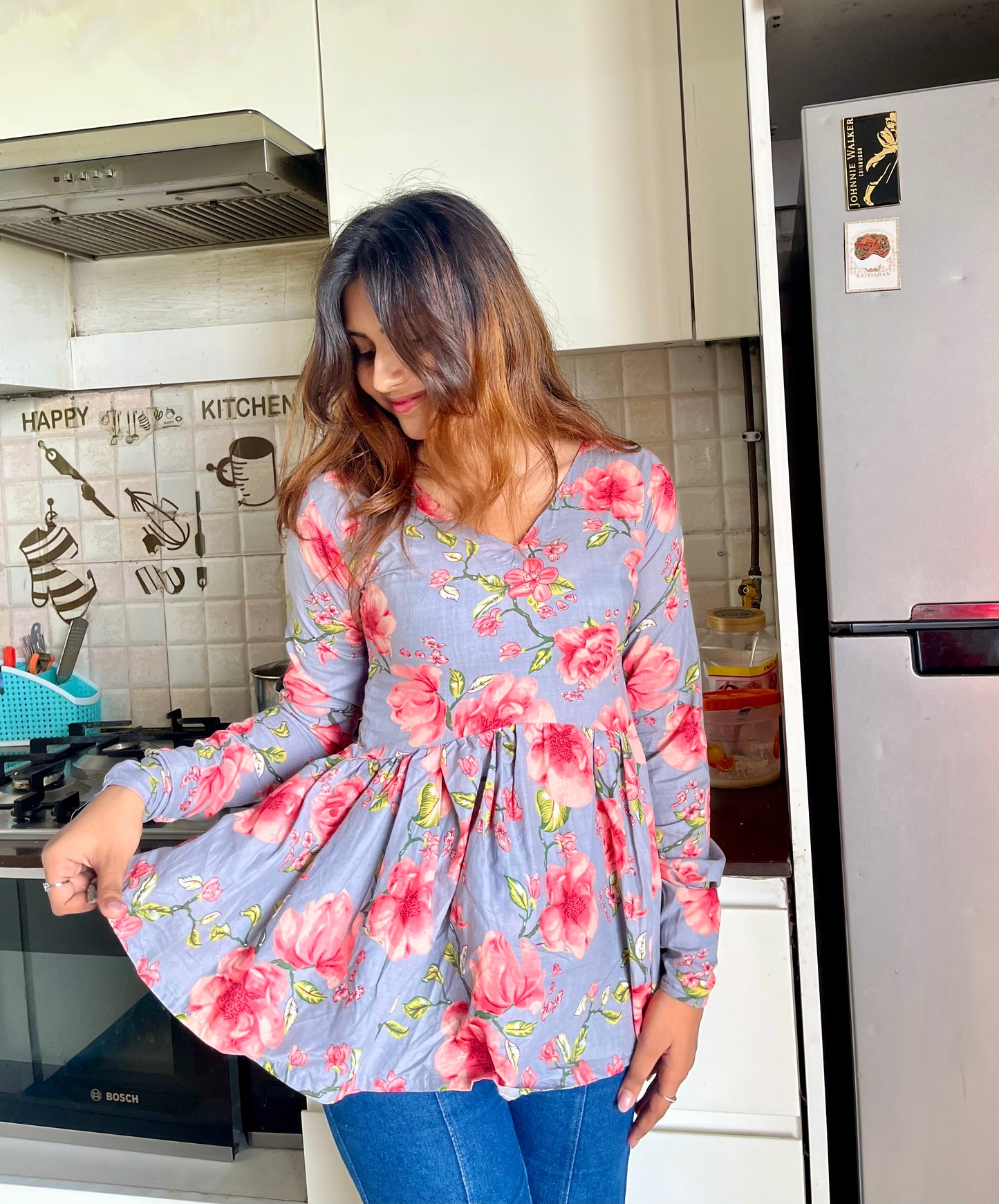 Grey Floral Peplum Short Kurti