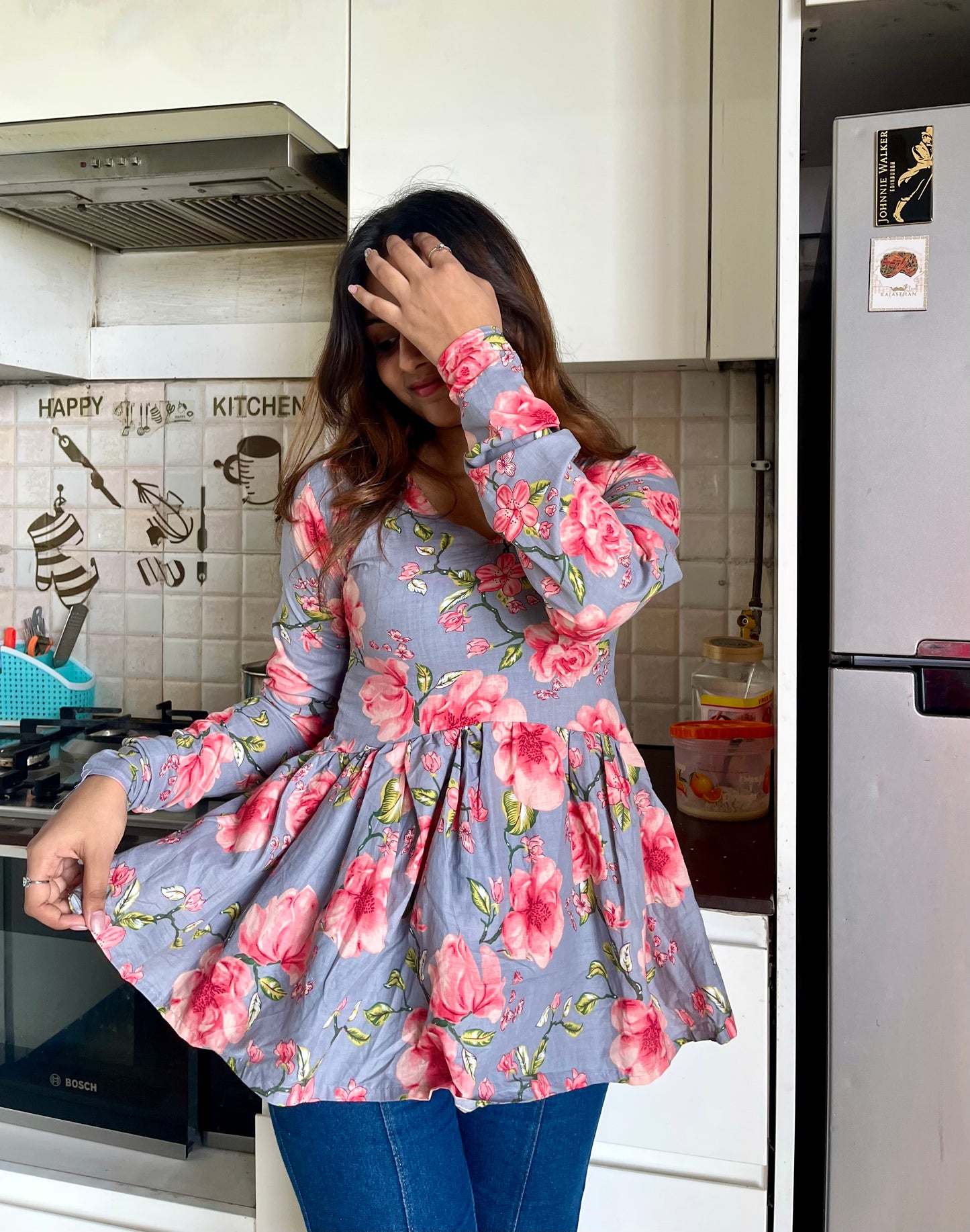 Grey Floral Peplum Short Kurti