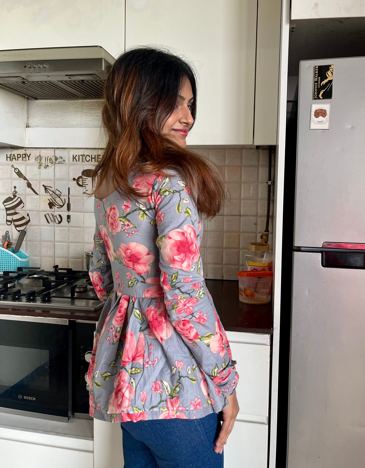 Grey Floral Peplum Short Kurti