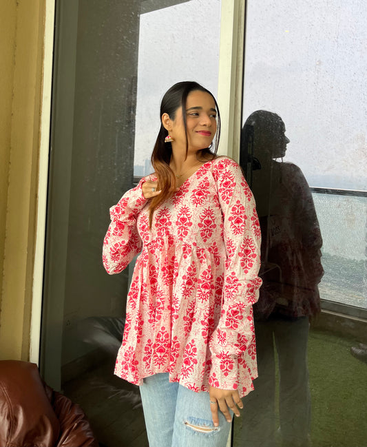 White & Red Peplum Short Kurti