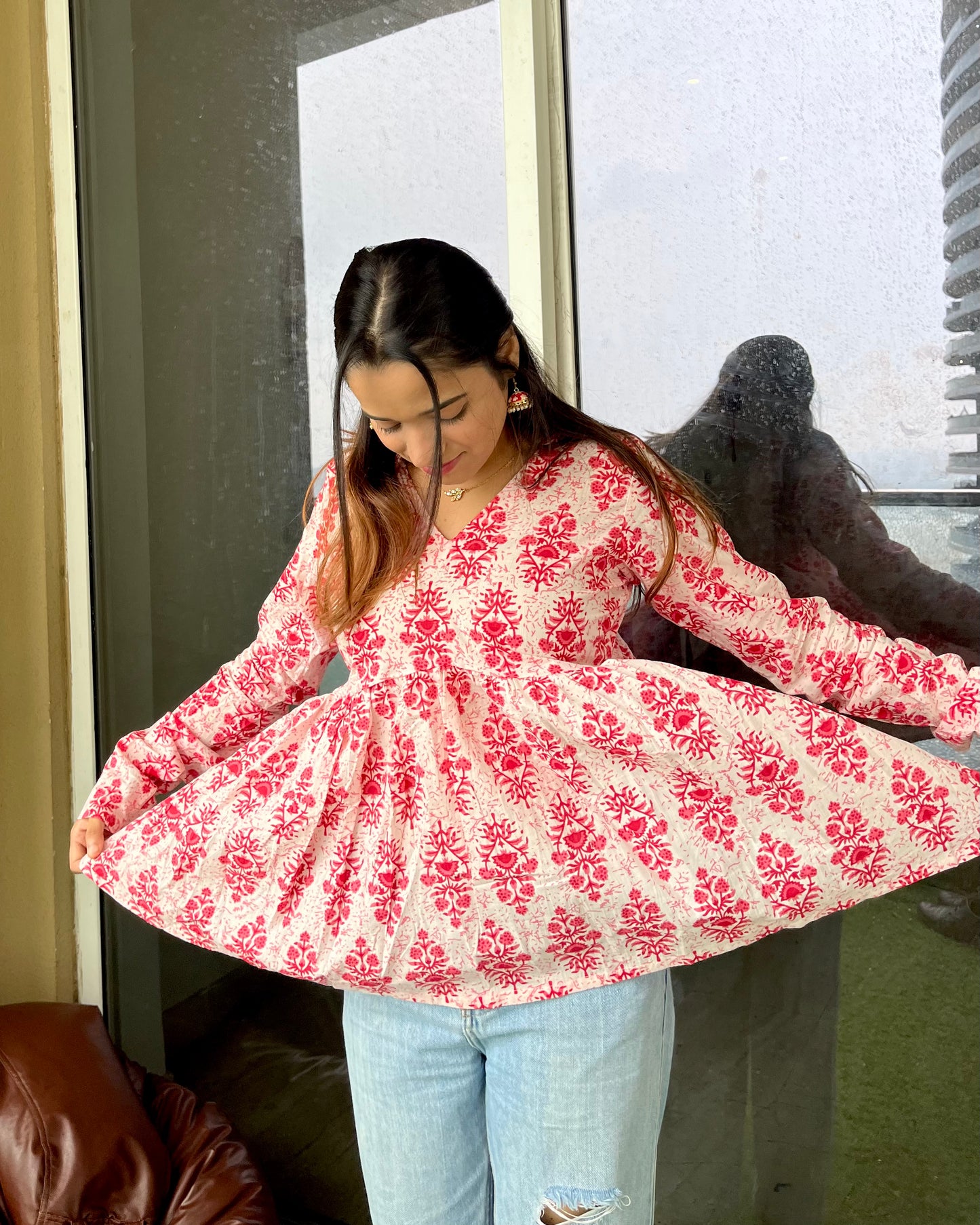 White & Red Peplum Short Kurti