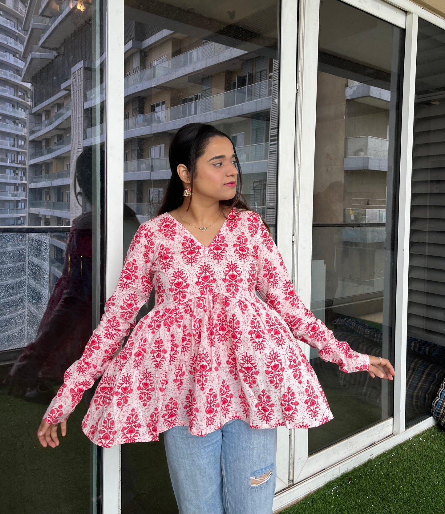 White & Red Peplum Short Kurti