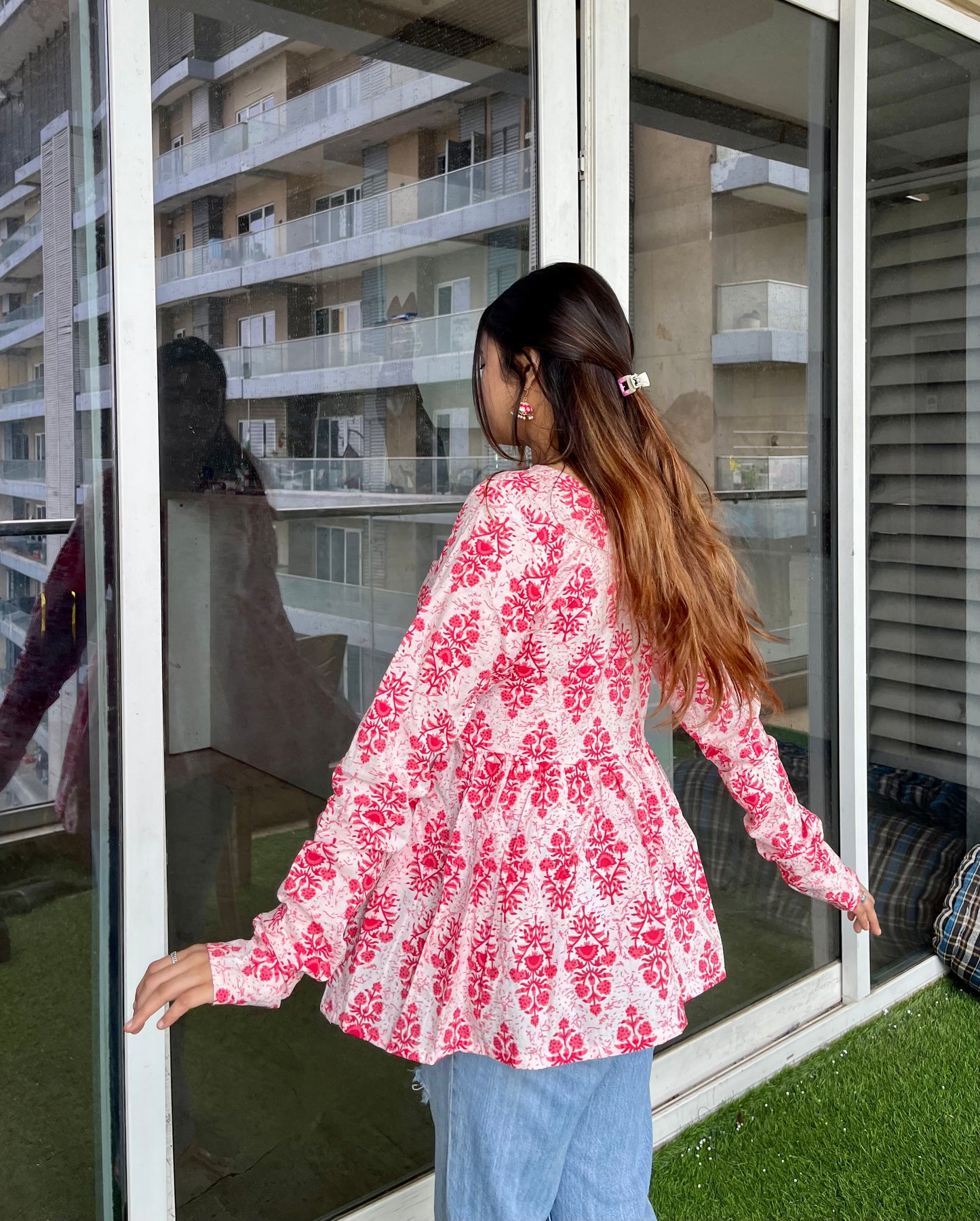 White & Red Peplum Short Kurti