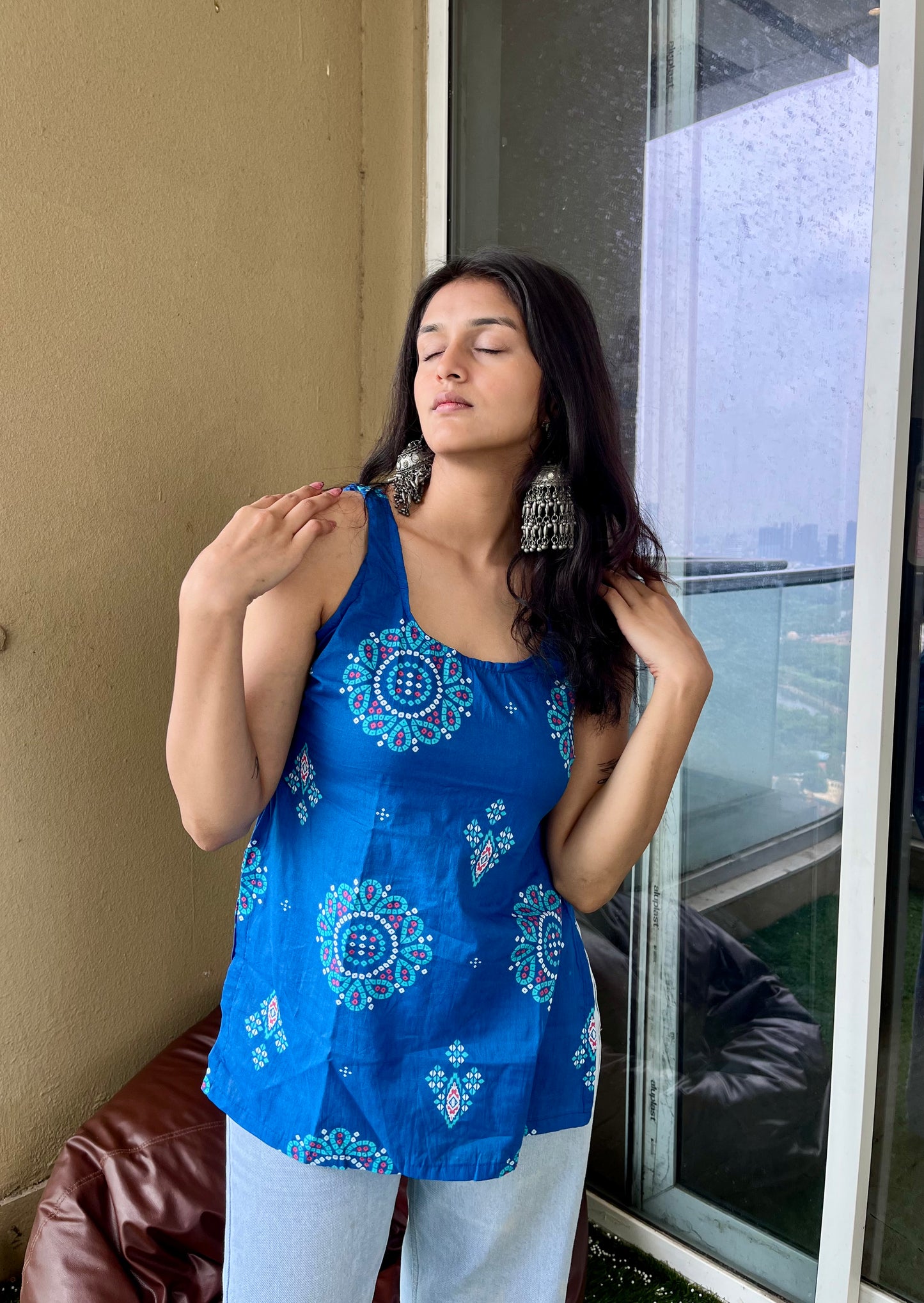 Blue Drama Backless Straight Short Kurti