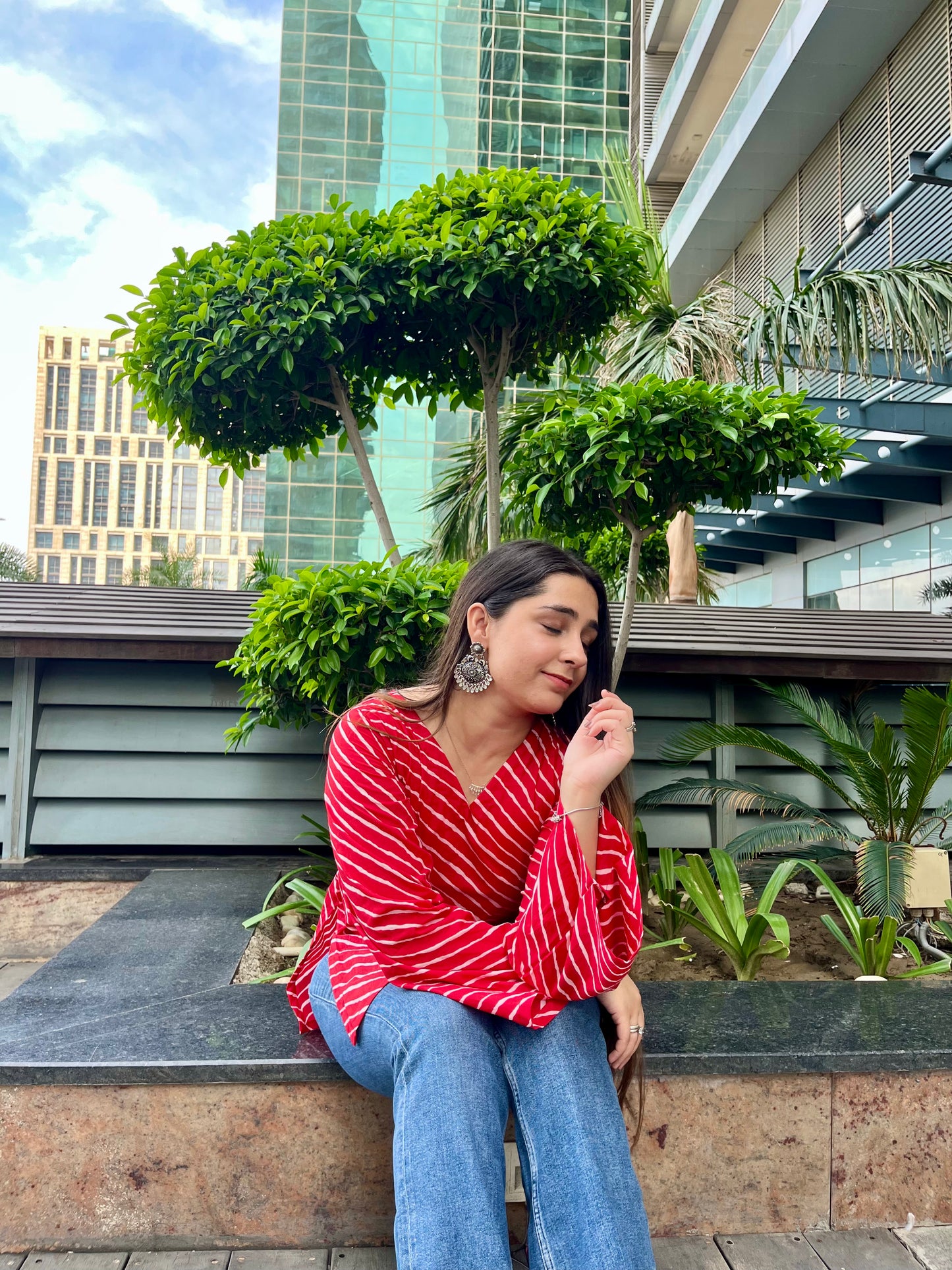 Red Lehriya Backless Straight Short Kurti