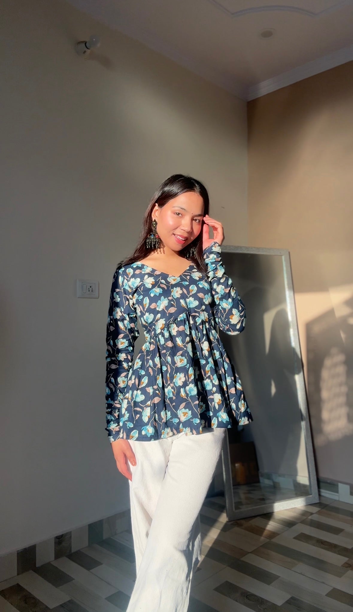 Blue Flora Short Kurti Top