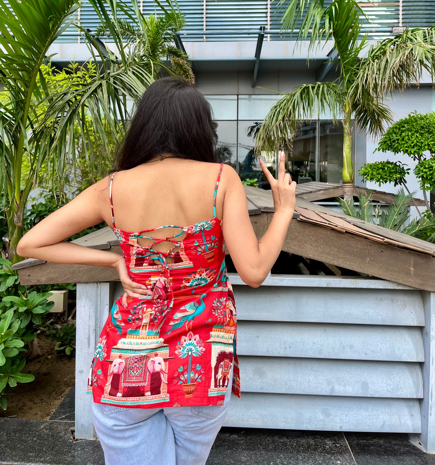 Red Mor Strappy Backless Short Kurti