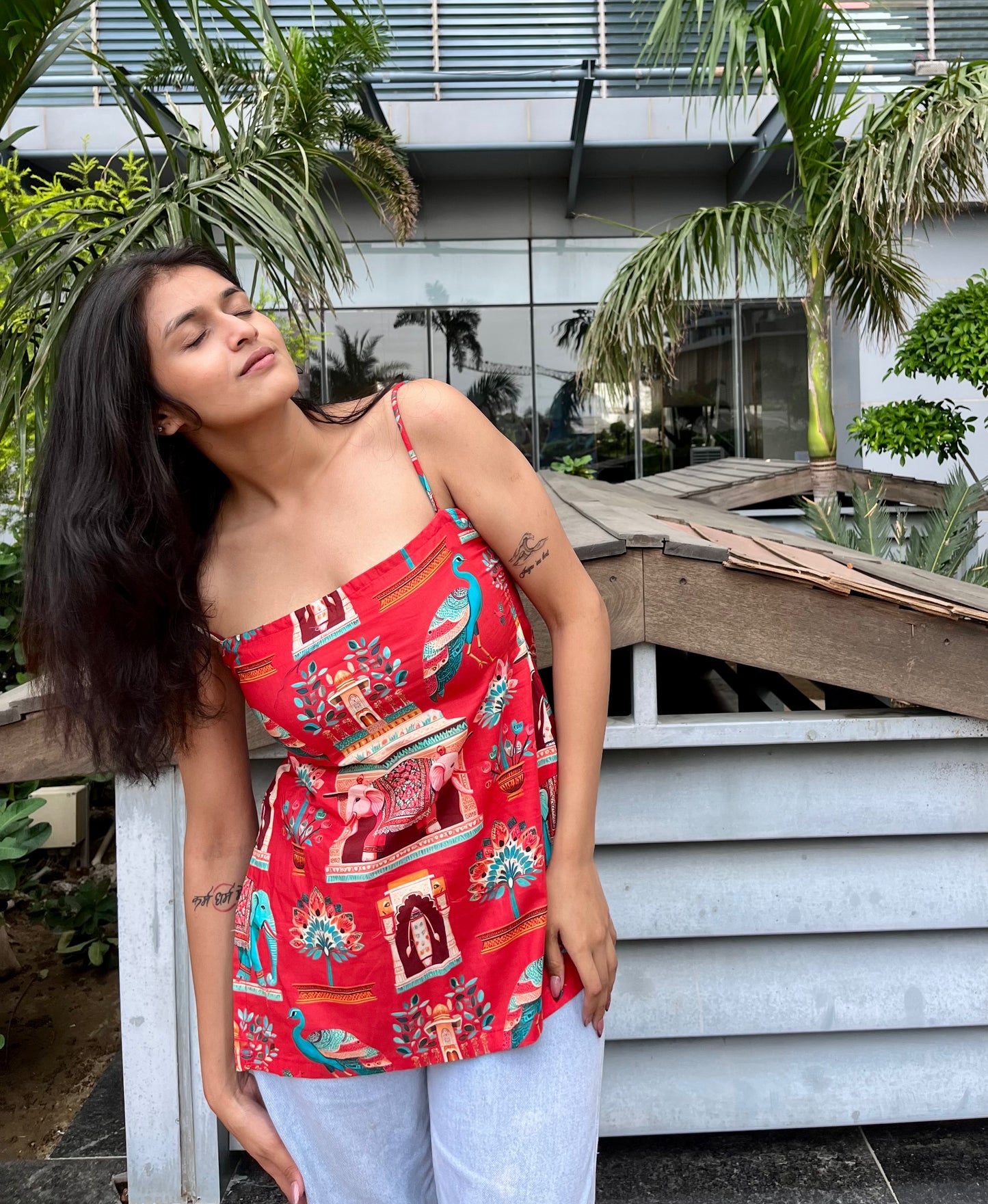 Red Mor Strappy Backless Short Kurti