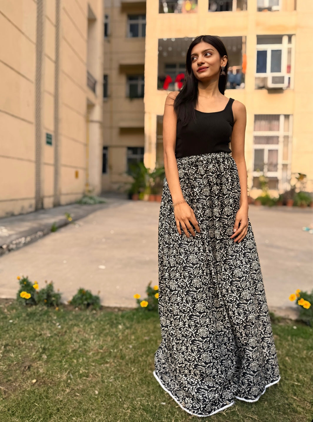 Black Flora Long Skirt