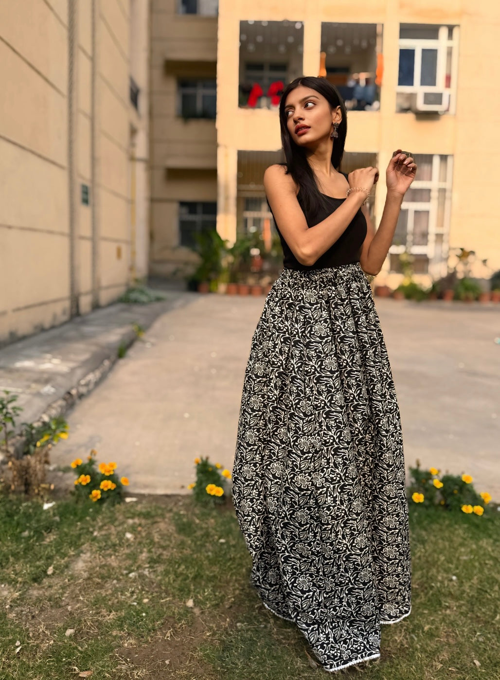 Black Flora Long Skirt