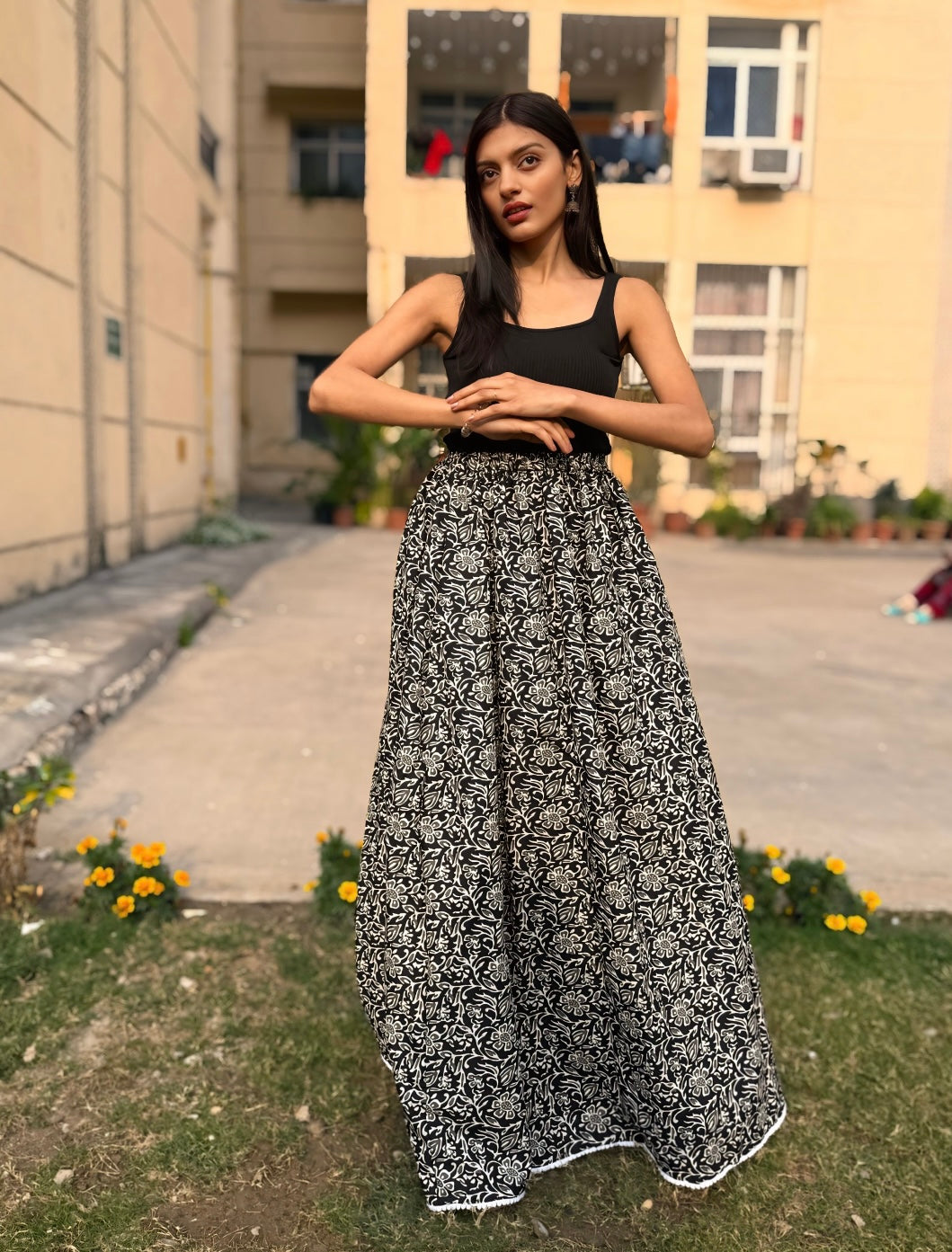 Black Flora Long Skirt