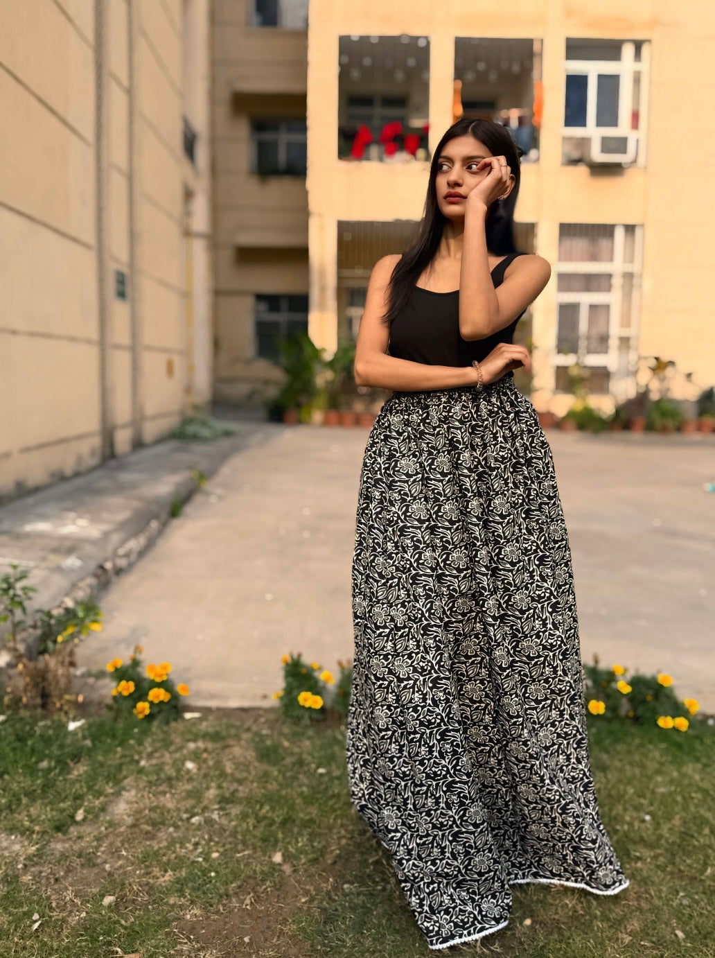 Black Flora Long Skirt