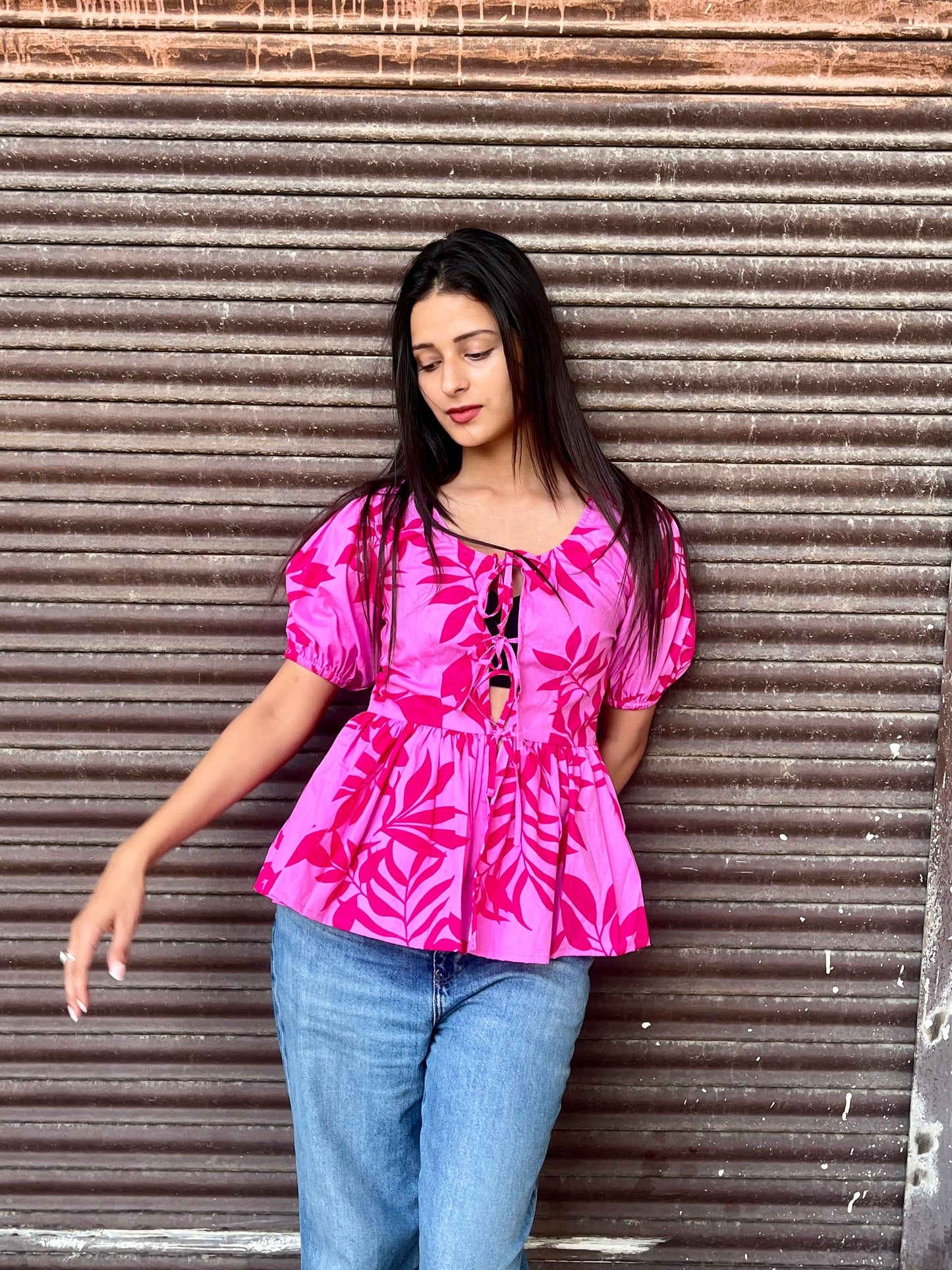 Pink Garden Cotten Tie-up Top