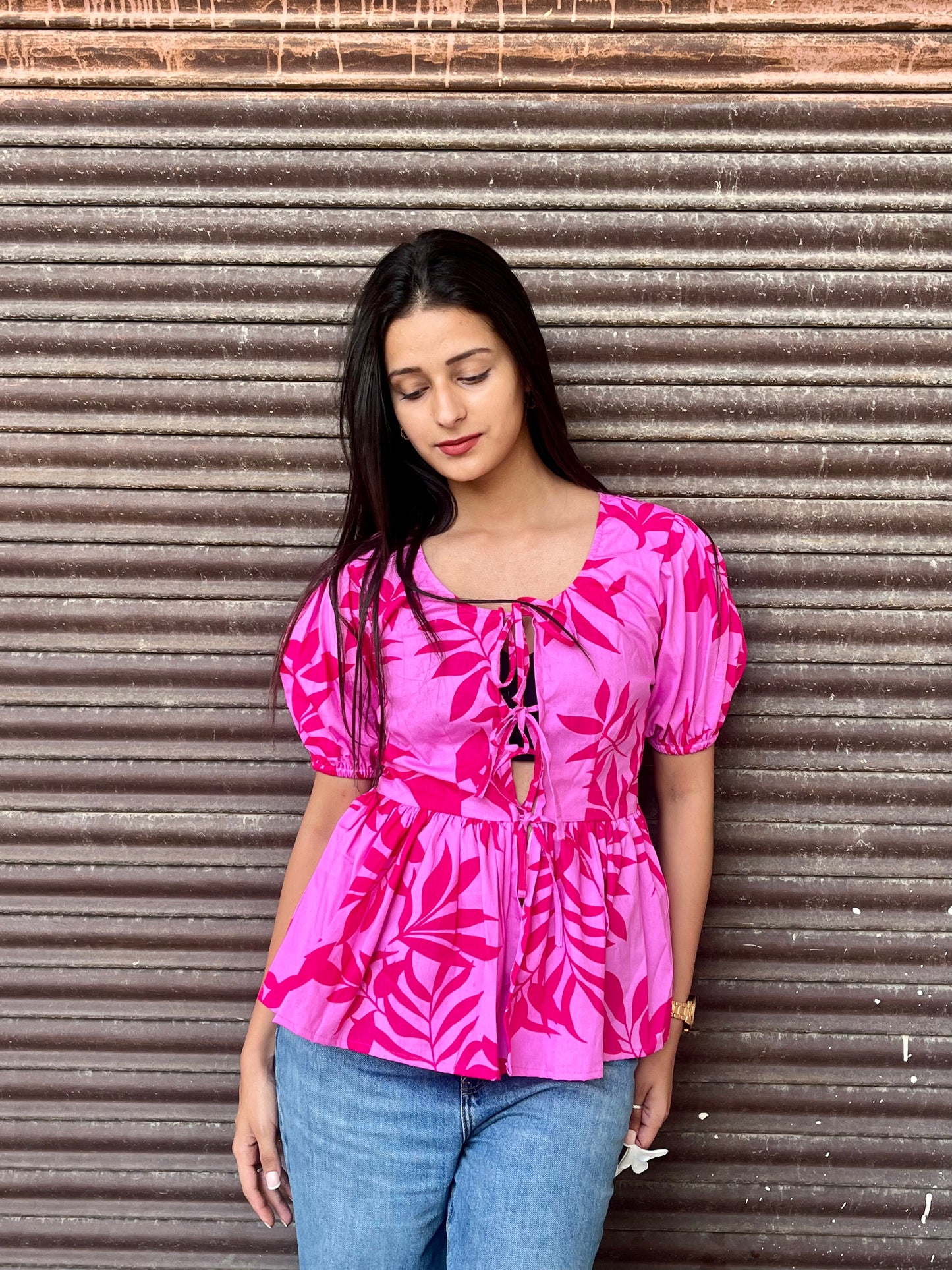 Pink Garden Cotten Tie-up Top