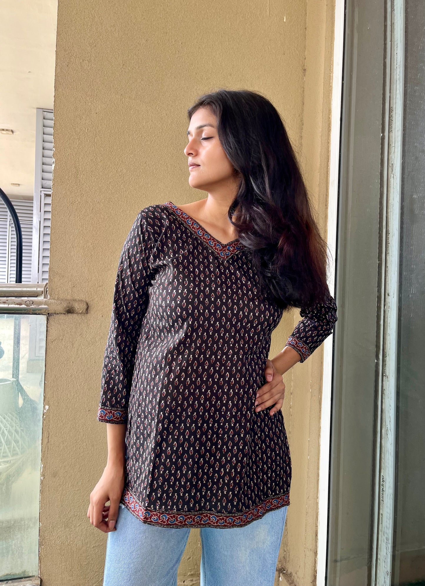 Black Rimjhim Straight Short Kurti