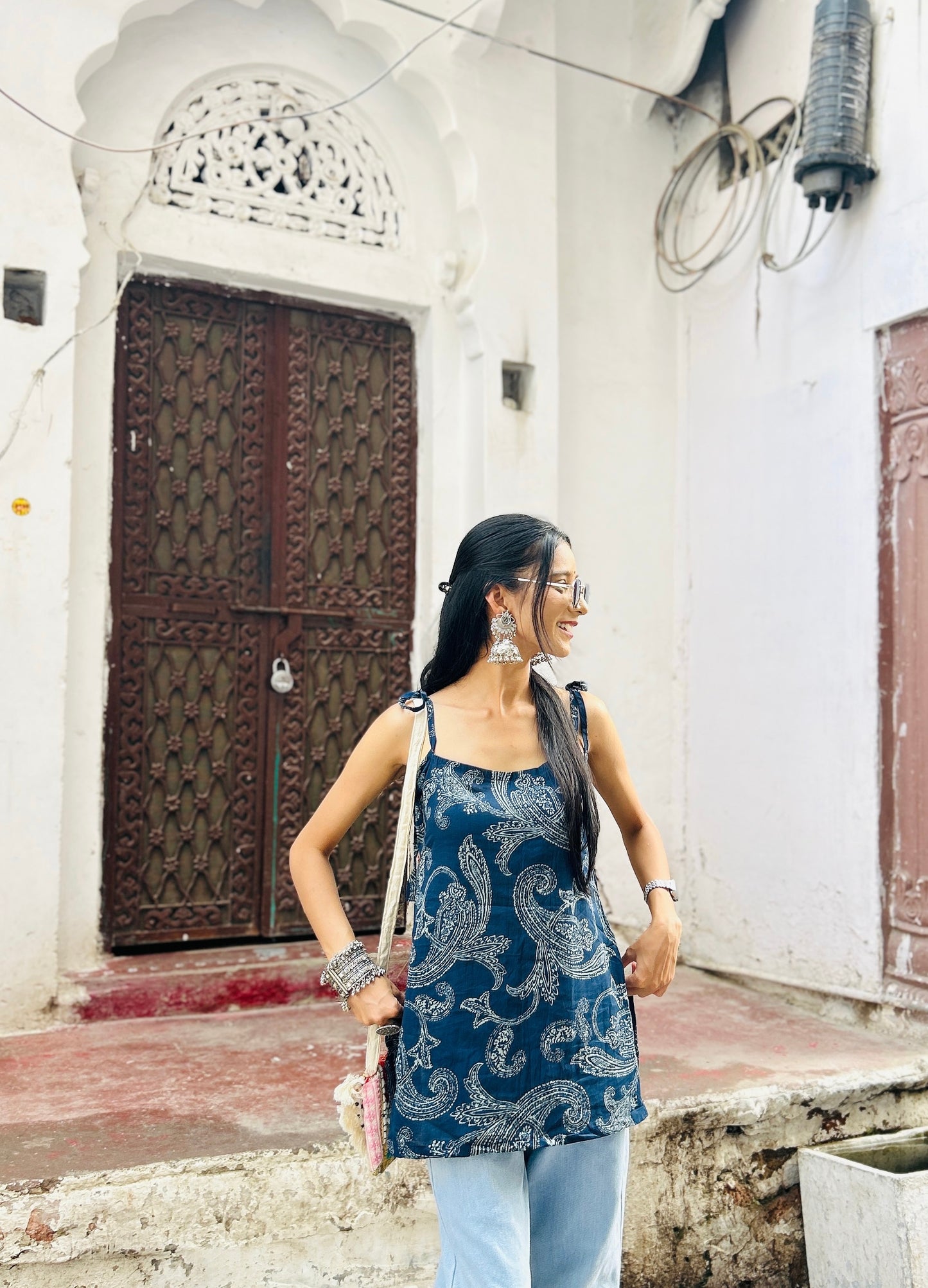 Papdi Chat (blue) Straight Tie-up Straps kurti