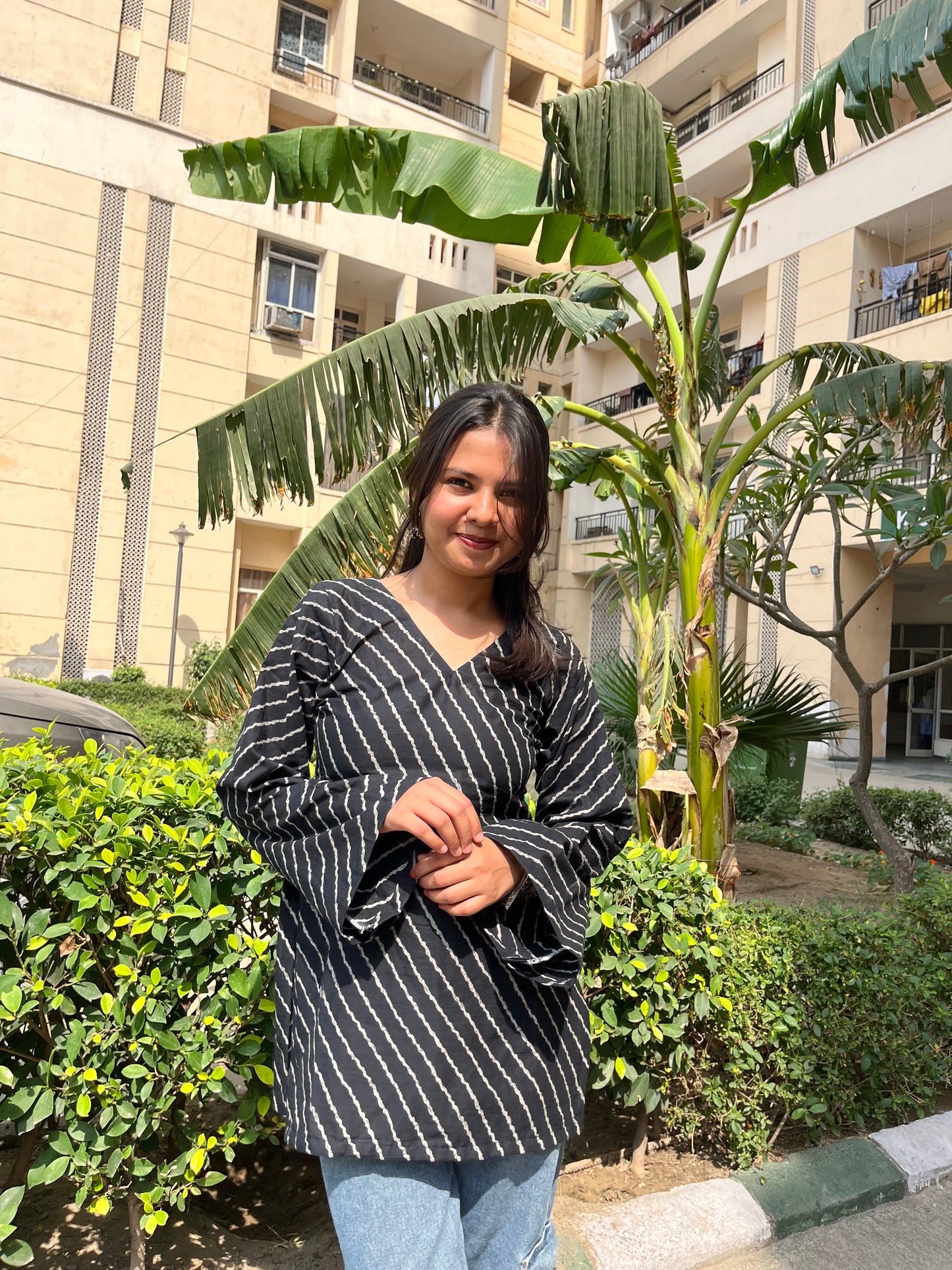 Black Lehriya Backless Straight Short Kurti