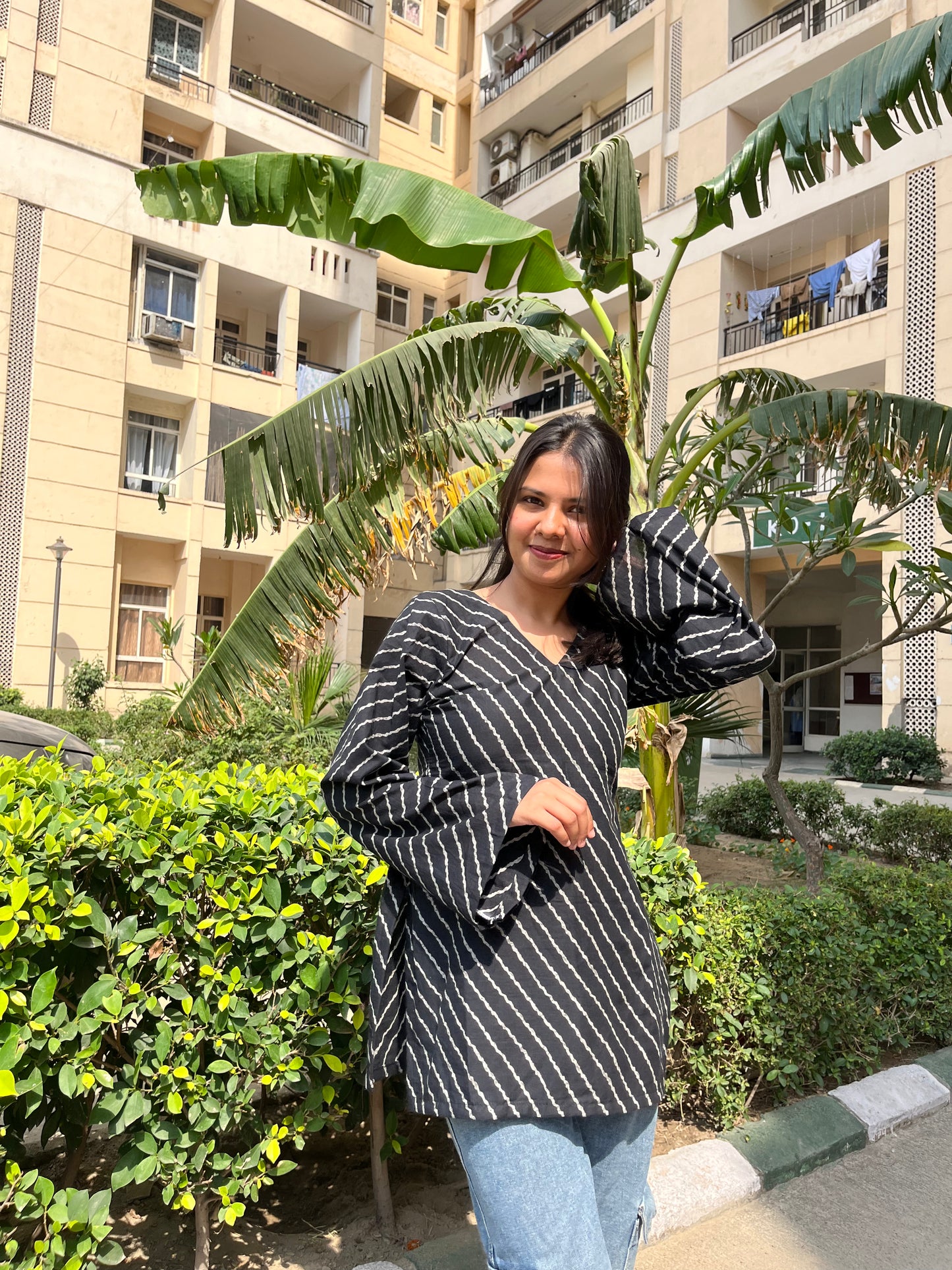Black Lehriya Backless Straight Short Kurti