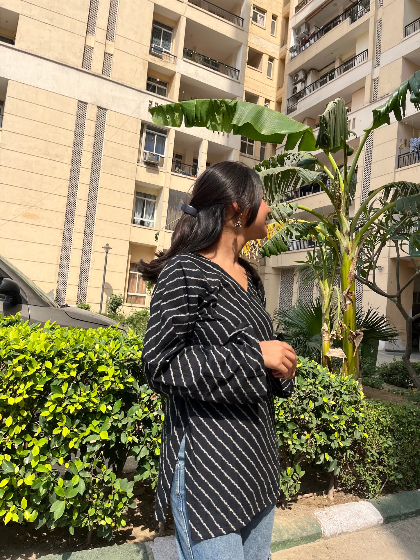 Black Lehriya Backless Straight Short Kurti
