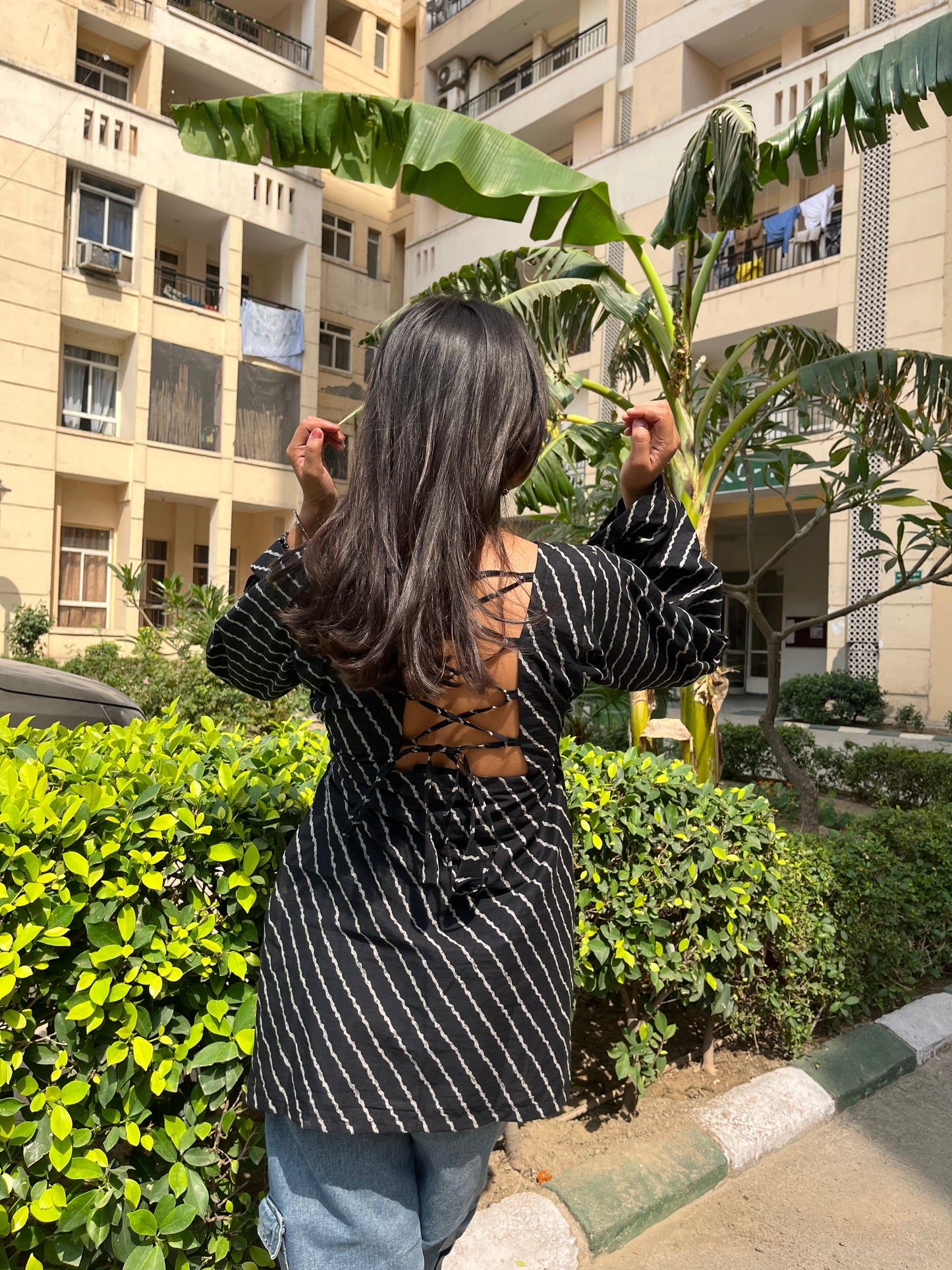 Black Lehriya Backless Straight Short Kurti