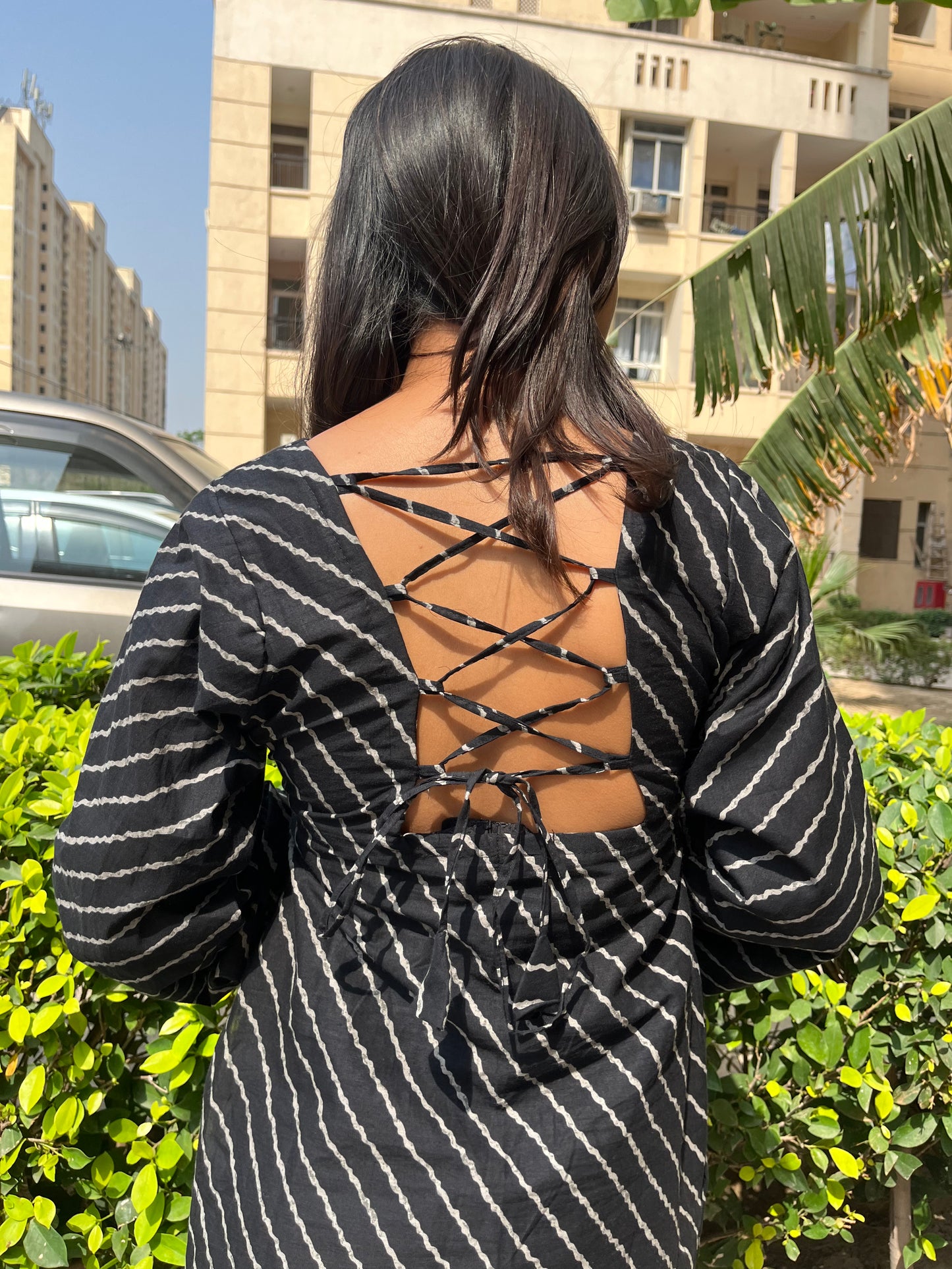 Black Lehriya Backless Straight Short Kurti