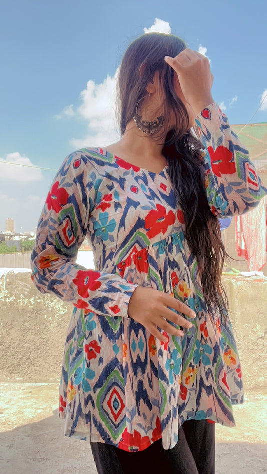 White Floral Short Kurti Top