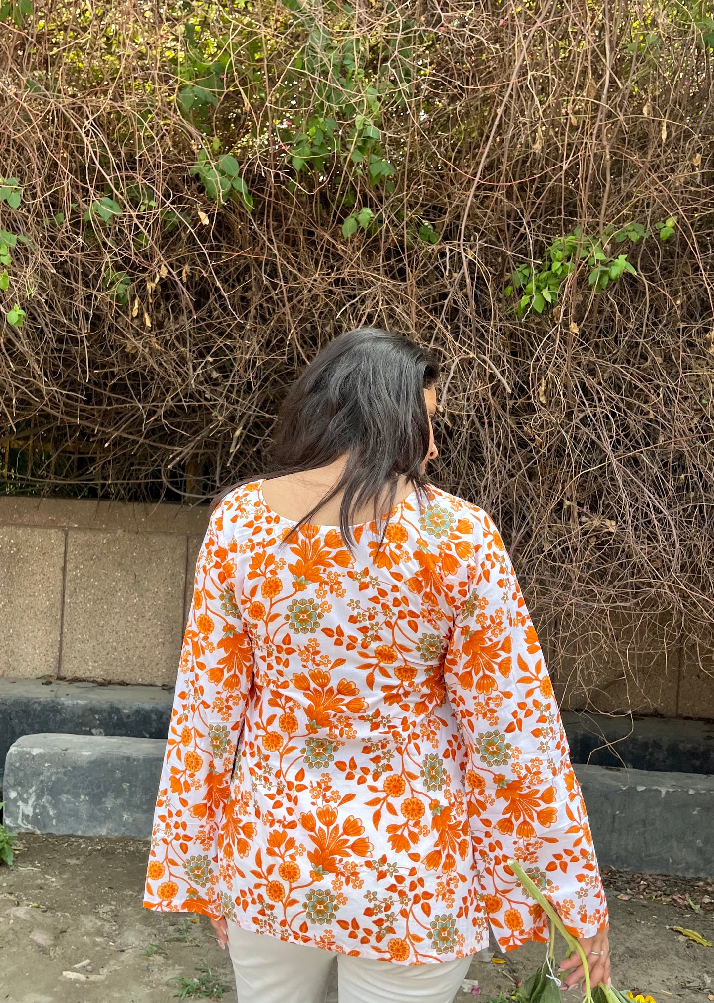 Orange Flower Straight Short Kurti