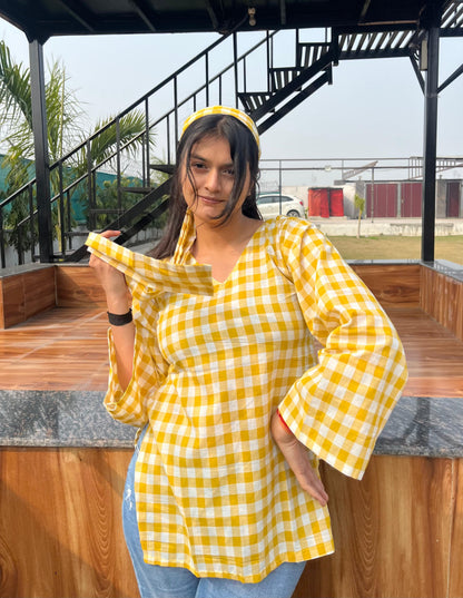 Yellow Check Kurti (with neck band)