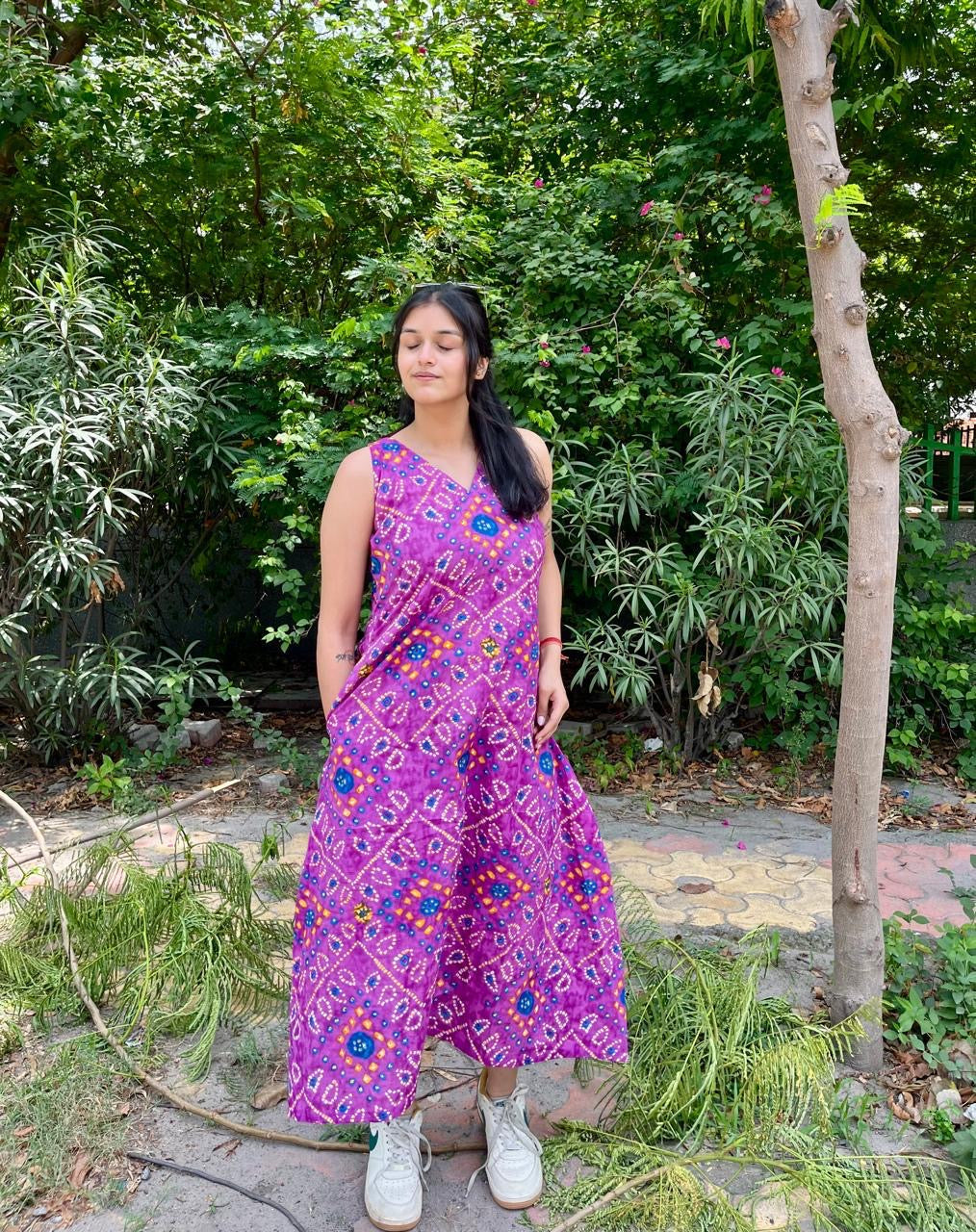 Purple bandhej A-line dress