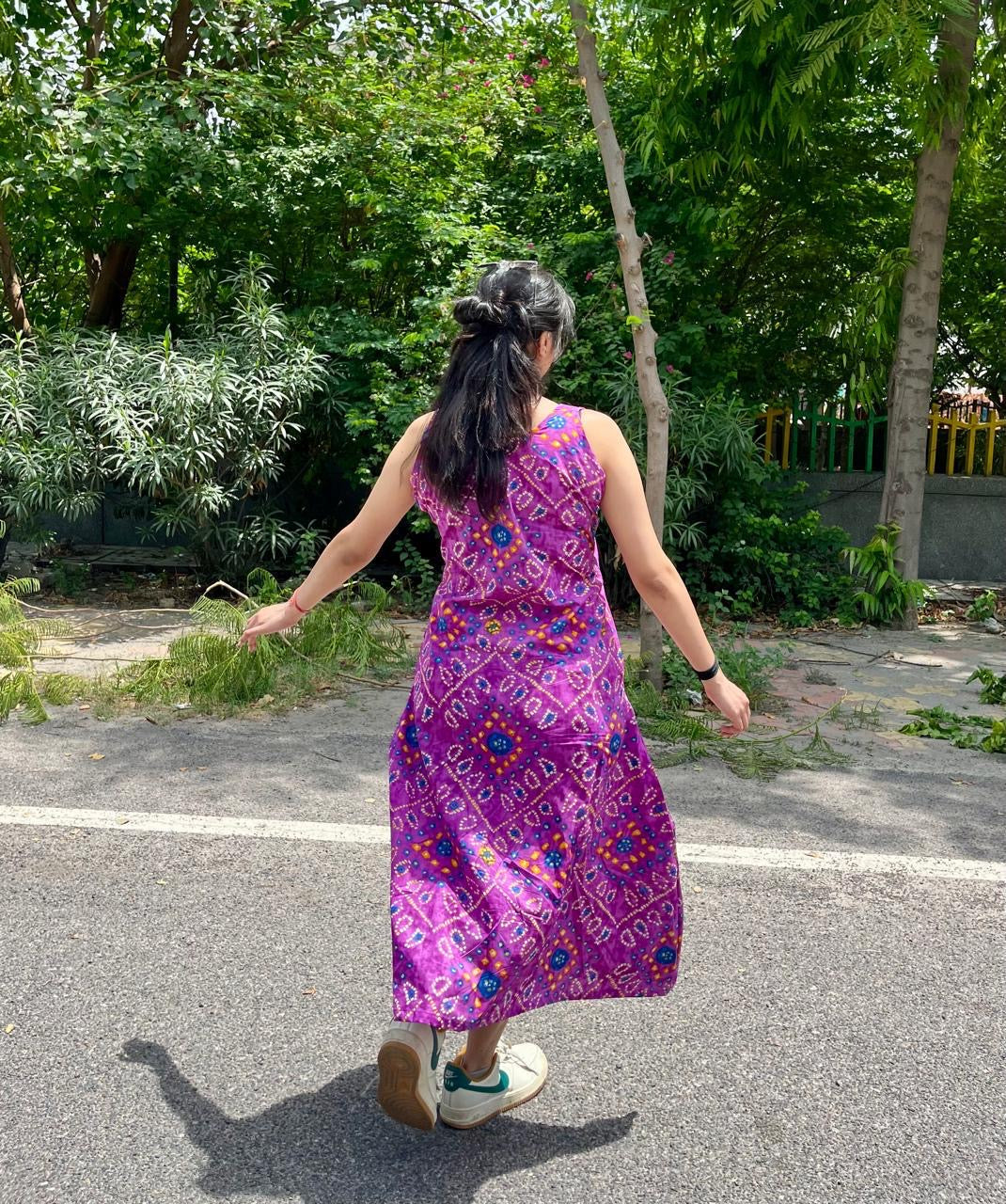Purple bandhej A-line dress