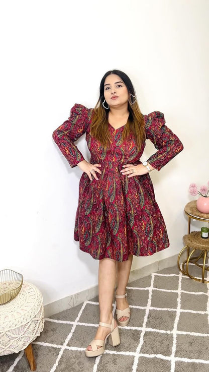 Paisley Print Puff Dress