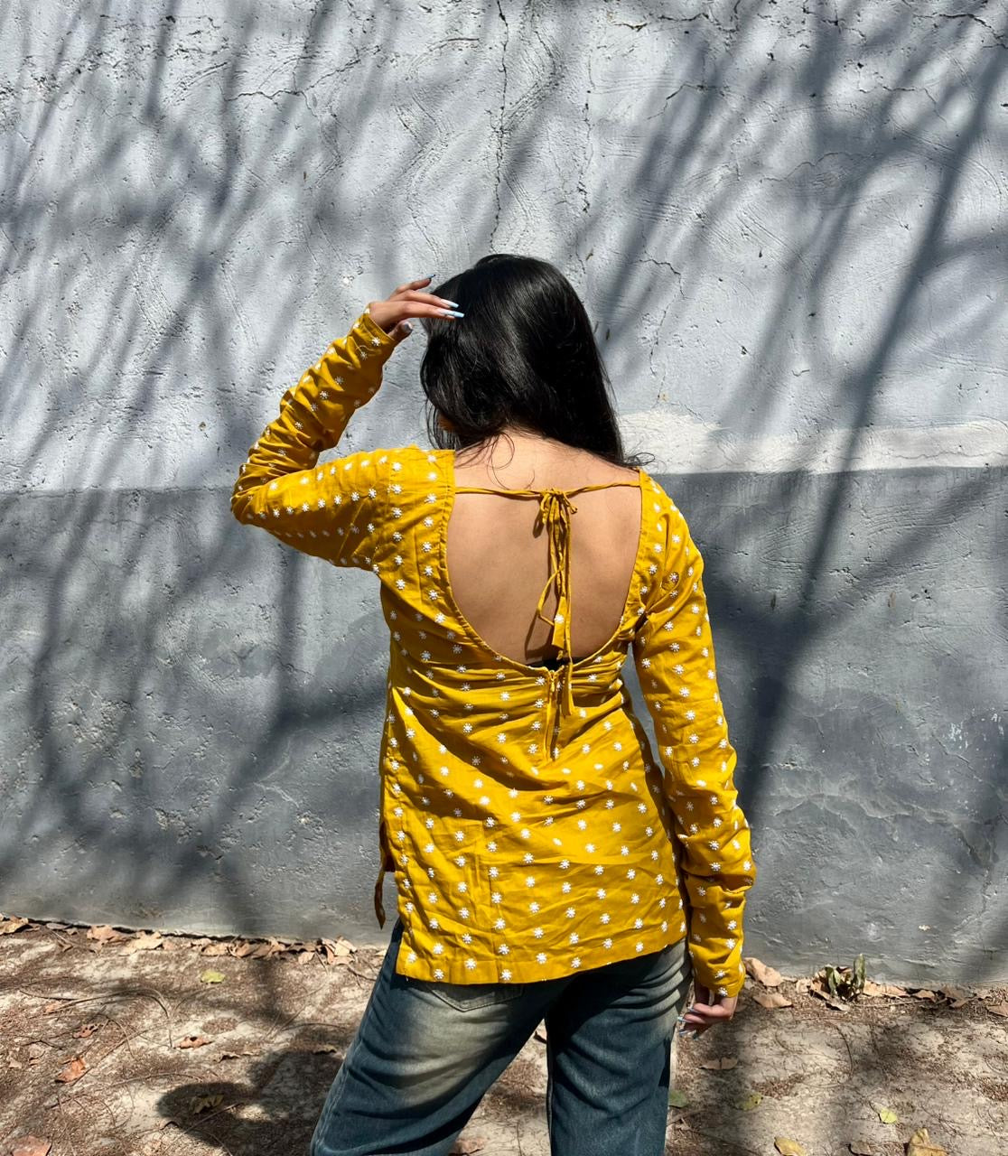 Mustard Embroidered Backless Short Kurti