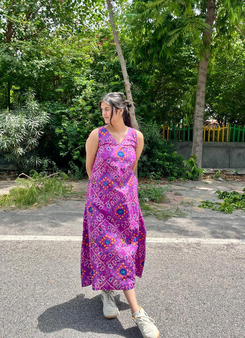 Purple bandhej A-line dress