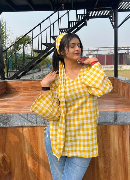 Yellow Check Kurti (with neck band)