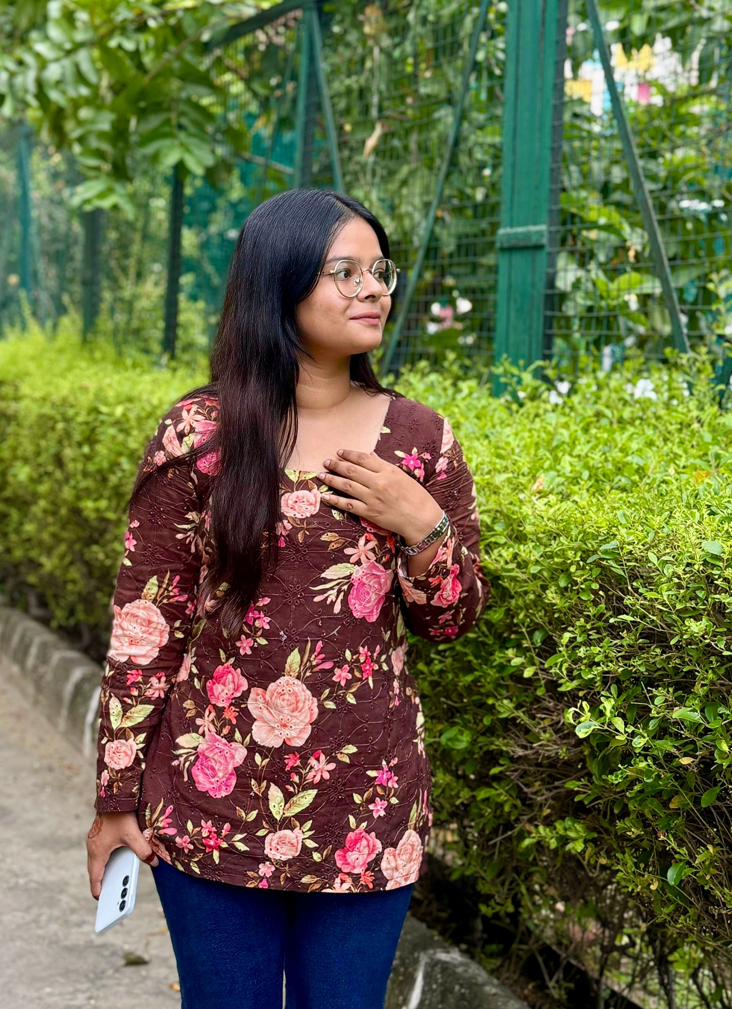 Brown Hakoba Floral Corset Back Straight Kurti