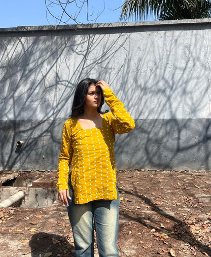 Mustard Embroidered Backless Short Kurti