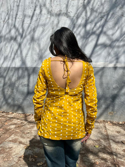 Mustard Embroidered Backless Short Kurti