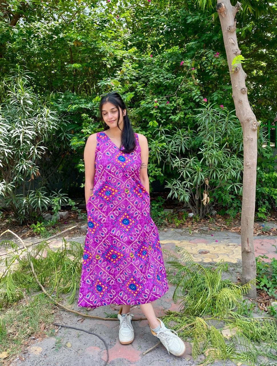 Purple bandhej A-line dress