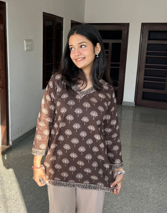 Brown Lotus Straight Short Kurti