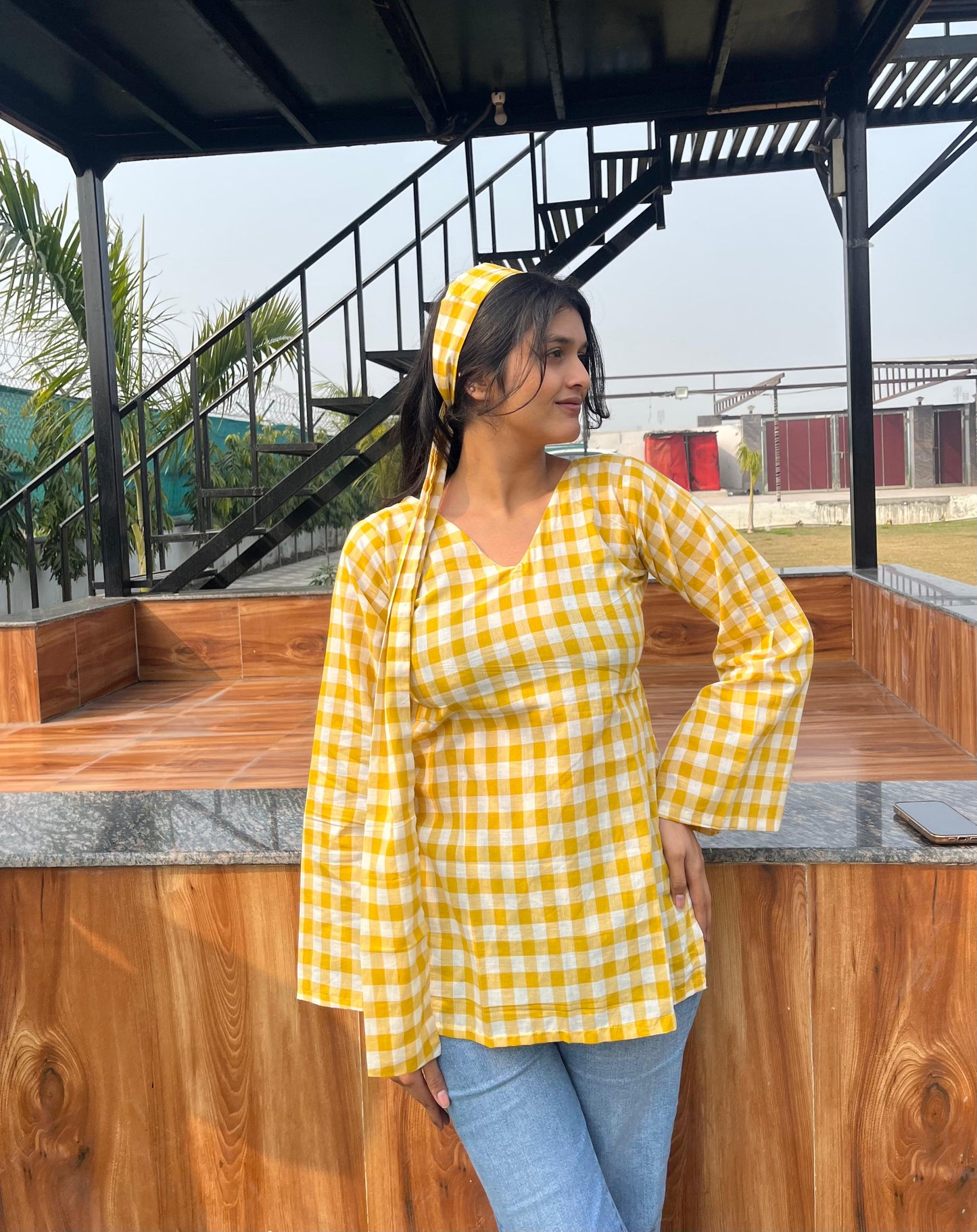 Yellow Check Kurti (with neck band)