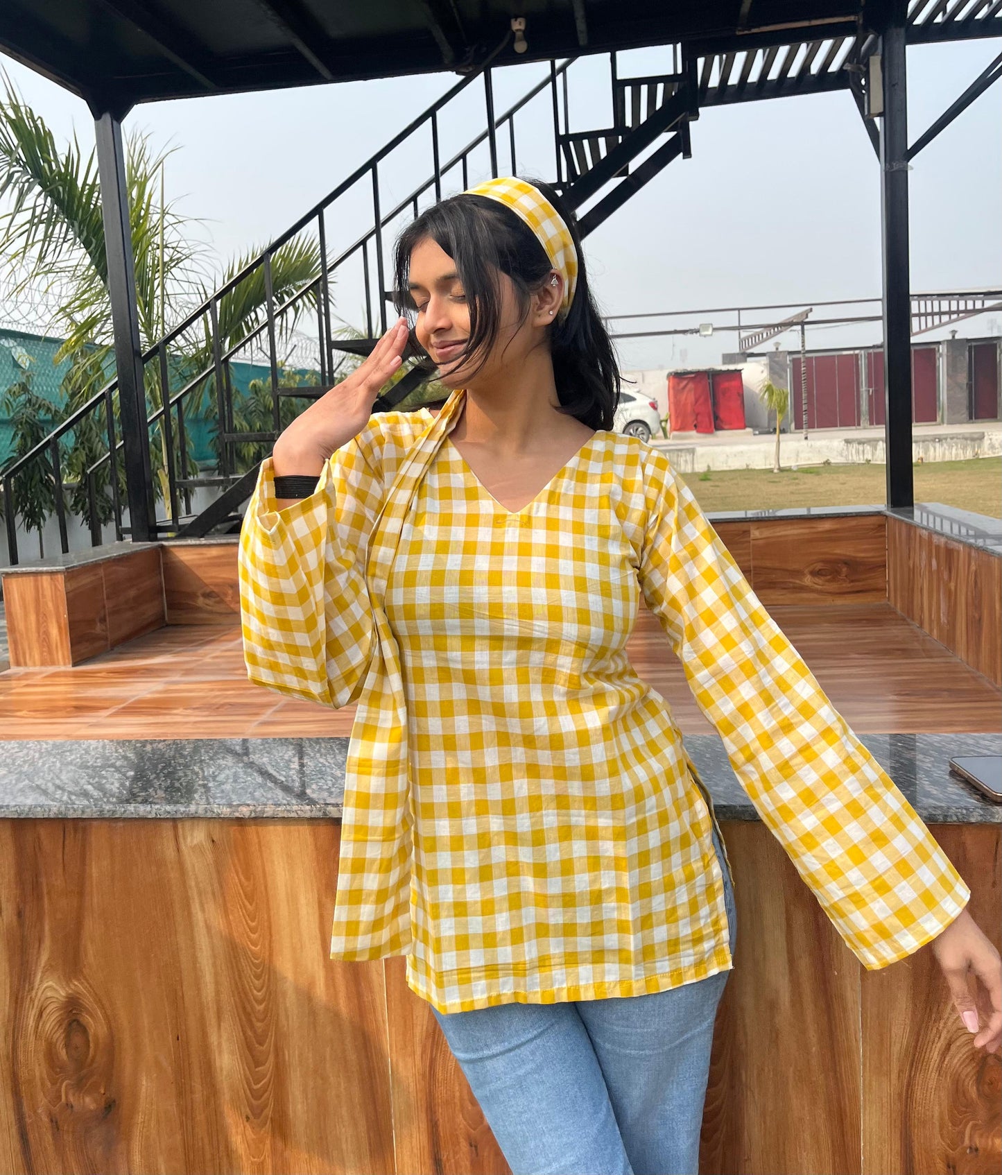 Yellow Check Kurti (with neck band)