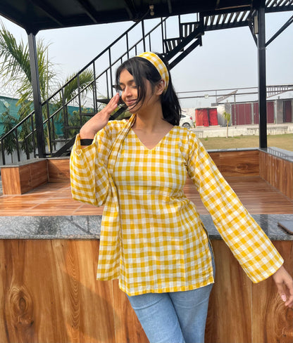 Yellow Check Kurti (with neck band)