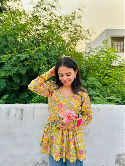 Yellow Bouquet Short Kurti Top