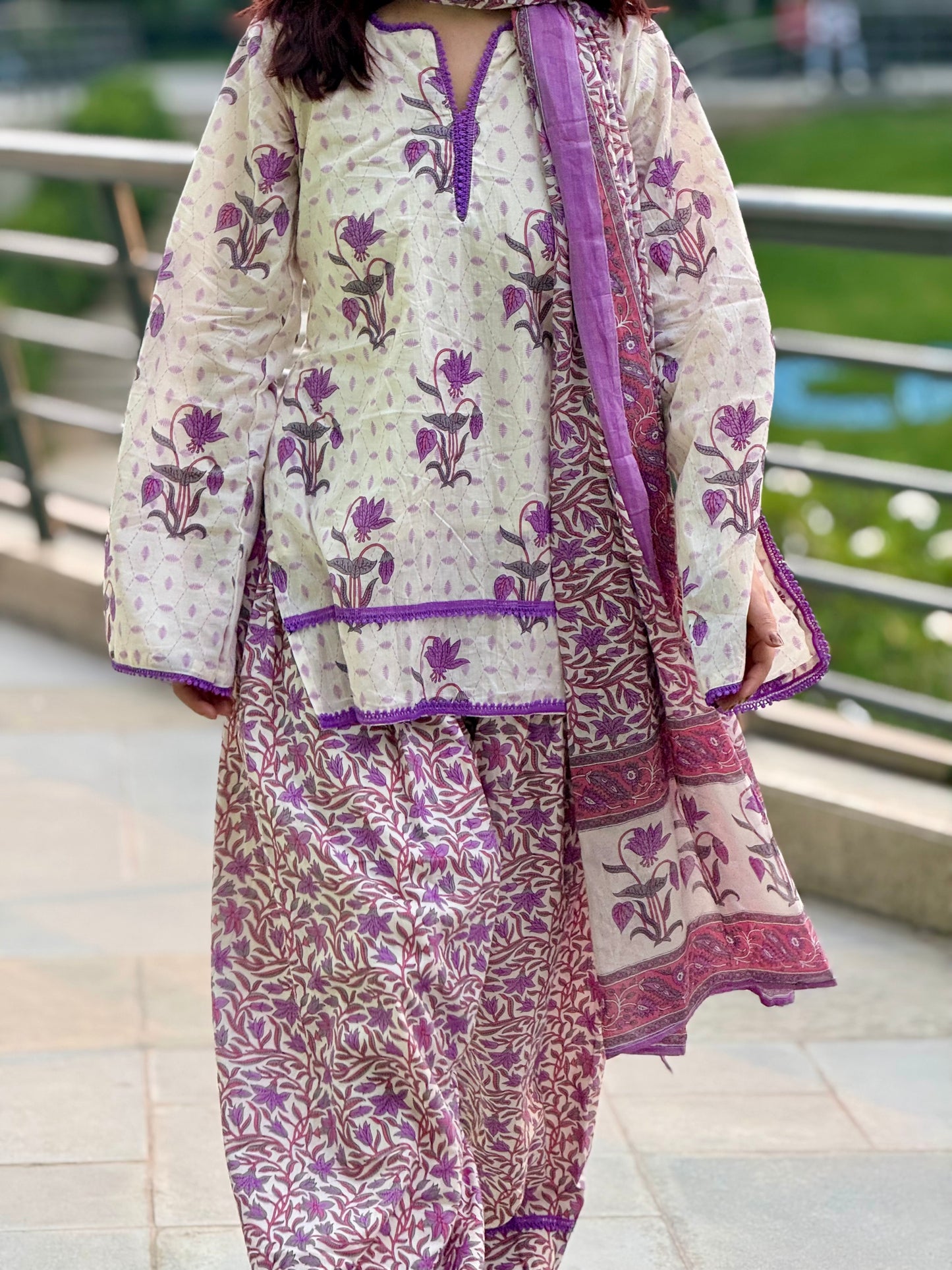 Haseen Farshi Salwar Set ( with matching purple chiffon dupatta )